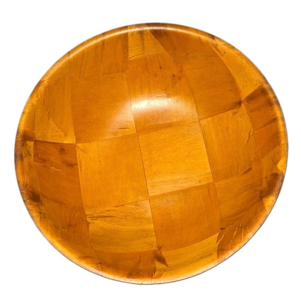 1970s Parquet Woven Wood Salad Serving Bowl Retro Vintage Checkerboard Look